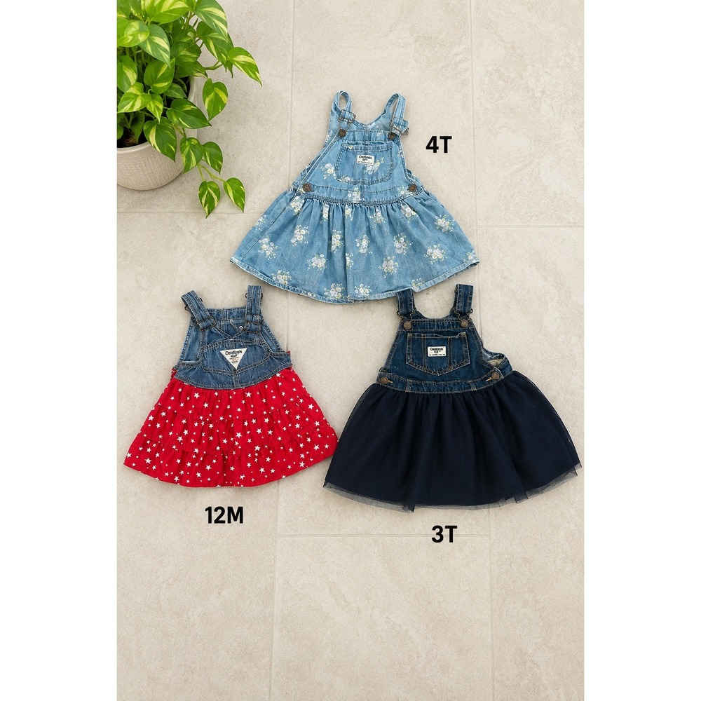Vintage OshKosh B'gosh Girls Overall Dress Lot 3 Denim Jumper Tulle Floral Tier